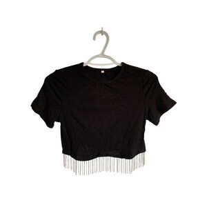 Juniors Slim Fit Black Cropped T-Shirt With Rhinestone Fringe Size Small